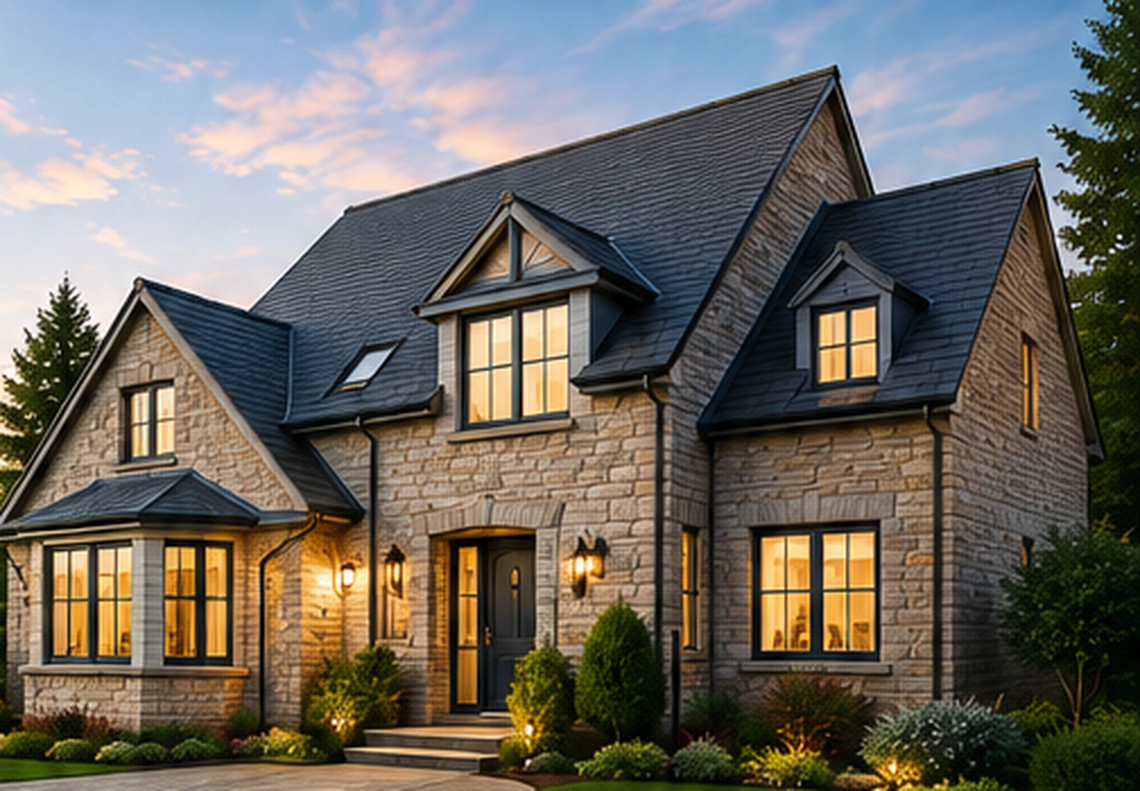 Modern residential home at blue hour with warm interior lighting